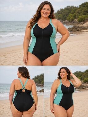 Xersion One Piece Swimsuit 20W Plus Zip Front Colorblock Black Aqua Swim